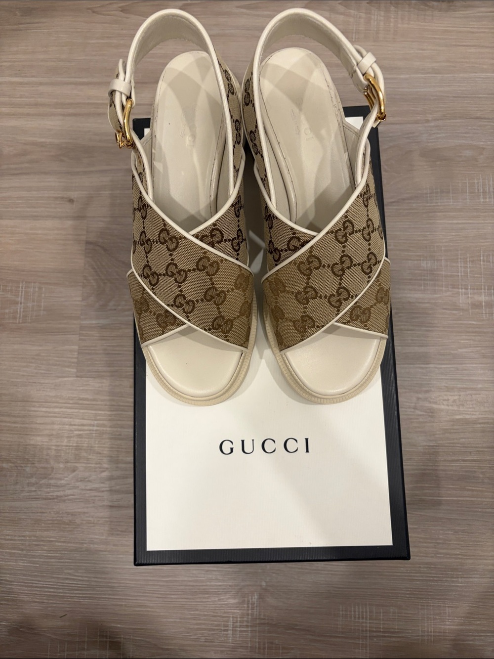 Gucci Beige Monogram Cross-Strap Slingback Sandals